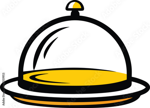 Stylized illustration of a yellow and black serving cloche with a clear dome food cover restaurant