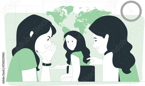 Three young women in a classroom or office setting with a world map and clock in the background girls
