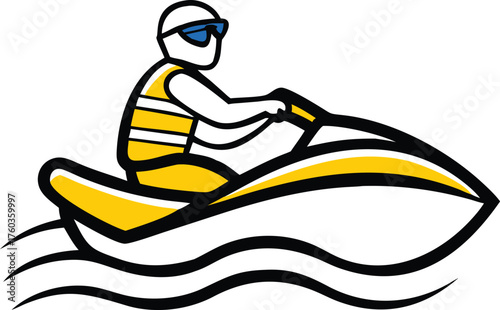 Stylized person in yellow vest and blue sunglasses riding a white and yellow jet ski on black waves watercraft