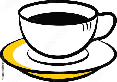 White coffee cup with black liquid on a yellow rimmed saucer black coffee drink
