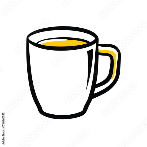 White mug with yellow liquid and black outline on white background drink beverage
