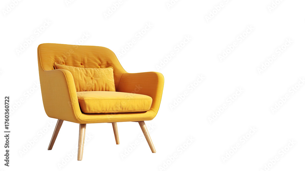 Fototapeta premium Cozy yellow armchair with soft fabric upholstery and modern comfortable design for home interior isolated on white background