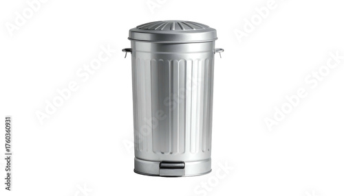 Shiny metal trashcan with a lid and foot pedal on black