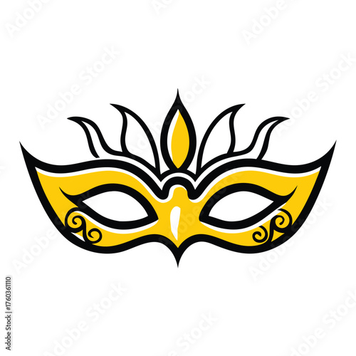 Yellow and black ornate masquerade mask with decorative swirls and feather-like accents vector