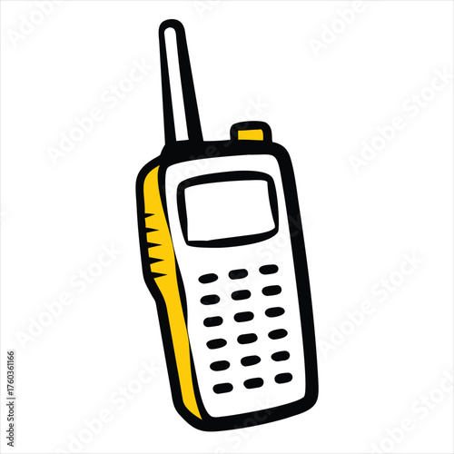 Yellow and white cartoon walkie talkie with black outline and buttons radio communication