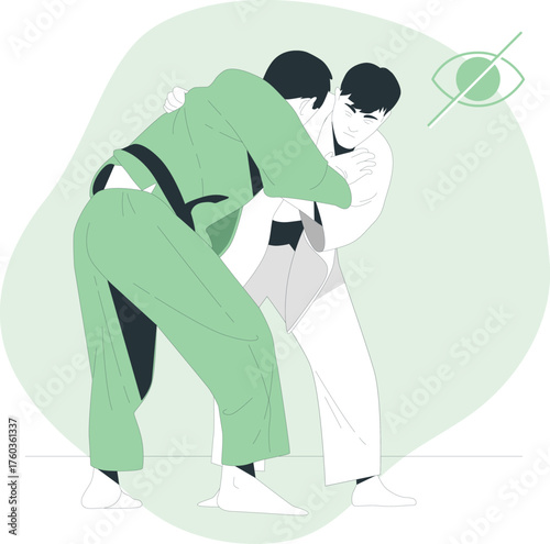 Two Men Grappling in a Judo Match with Eye Symbol martial art sport