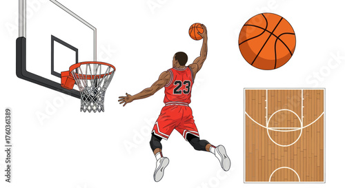 Vector illustration set of basketball elements: a player dunking a hoop a ball and a court.