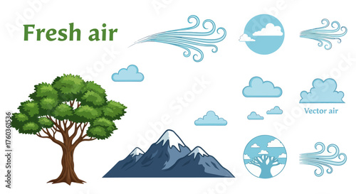 Illustration of a Lush Tree Snowy Mountains and Fresh Air Symbols.