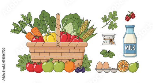 Fresh Produce Basket with Vegetables Fruits Milk and Eggs Illustration.
