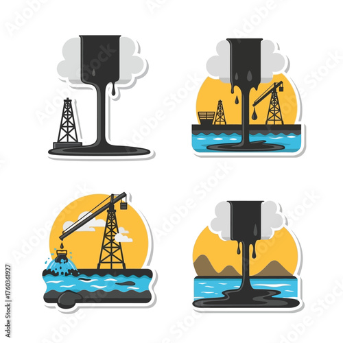 Vector illustrations depicting oil spills and environmental pollution from industrial oil extraction and drilling operations.