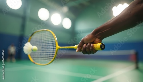 Person plays badminton indoor hitting shuttlecock with racket. Athlete serves during game on court with bright lights. Focus on action shot, sport lifestyle.
