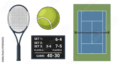 Tennis equipment and court illustration with scoreboard.