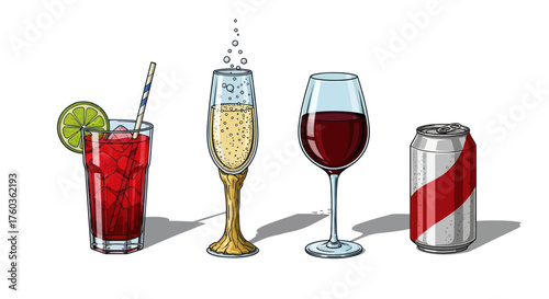Assortment of Alcoholic and Non-Alcoholic Beverages in Various Vessels.