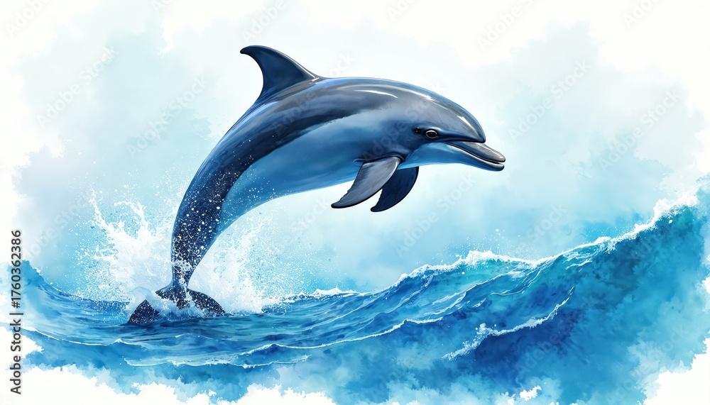 Naklejka premium Dolphin leaps from blue ocean wave. Marine mammal jumps, splashes water, moves through sea. Aquatic animal breaches surface, enjoys sunlit day.