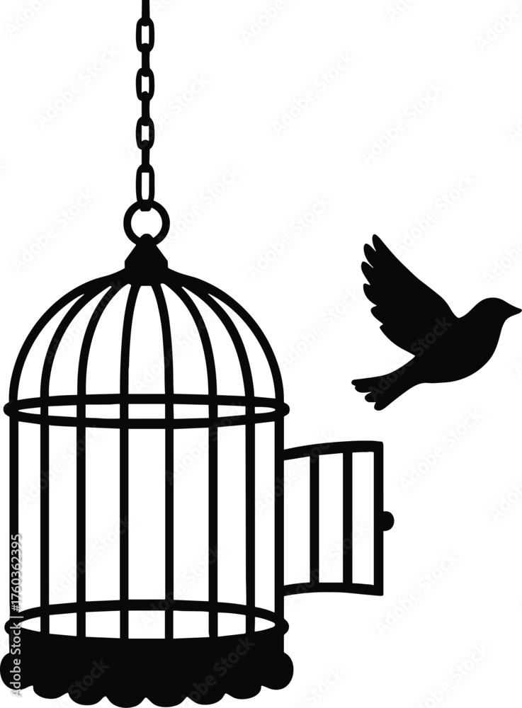 Fototapeta premium hanging birdcage with open door and small bird flying out silhouette