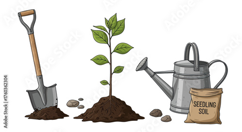 Gardening Tools and Seedling: Shovel Watering Can Soil Bag and Young Plant.