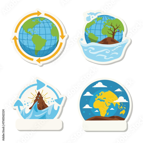 Four environmental stickers showing Earth, water, recycling, and nature concepts.