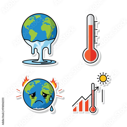 Illustrations depicting climate change, global warming, and environmental concerns, showing Earth's distress.