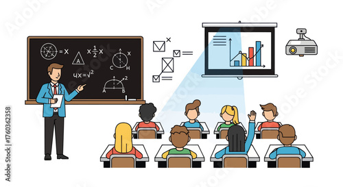 Teacher Presenting Lesson to Students in Classroom Setting.