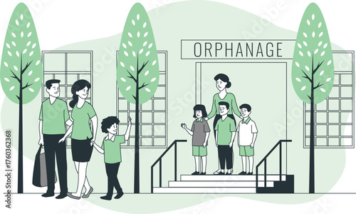 Family Visiting an Orphanage with Children and Staff Outside kids