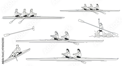 Line Art Illustrations of Rowing Boats and Athletes.