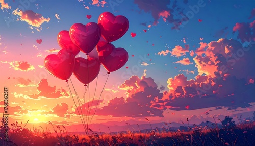 Fototapeta Naklejka Na Ścianę i Meble -  A vibrant sunset scene with heart-shaped balloons floating in a pastel sky filled with soft clouds and long grass