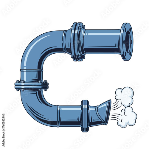 A stylized illustration of a blue pipe system with escaping steam, showing engineering details.