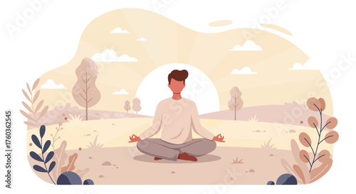 Person sitting in lotus pose meditating outdoors with natural landscape background. Concept for mental wellness, mindfulness practice and zen lifestyle.