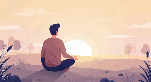 Illustration of a man meditating outdoors at sunrise in a serene landscape, concept for wellness promotion, stress relief visualization, and mindfulness campaign
