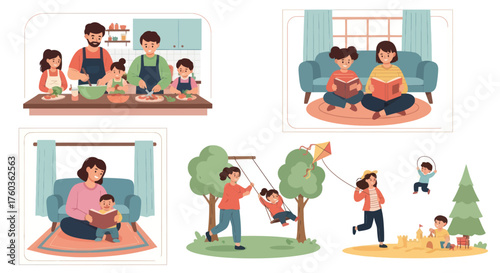 Happy families enjoying various daily activities and leisure time together.