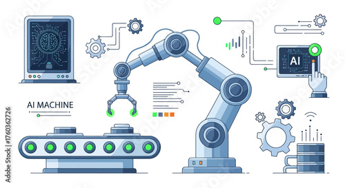 Robotic Arm with Conveyor Belt and AI Machine Elements.