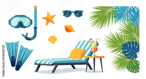 Summer Vacation Beach Set with Lounger Snorkel Gear and Tropical Elements.