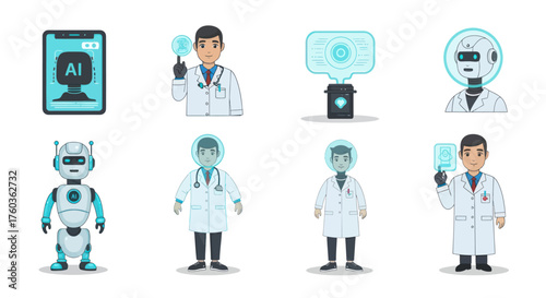 Futuristic medical icon set with AI doctors humanoid robots and holographic healthcare interfaces.