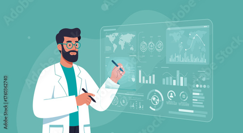 Scientist interacts with virtual screen displaying global data and charts in lab coat. Concept for scientific research, global health initiatives and technology presentation