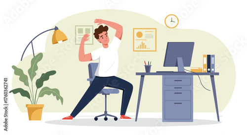 Illustration of a man stretching in office chair with desk, computer, and plant nearby in soft hues, concept for office wellness, employee health programs and workplace fitness