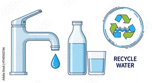 Modern Faucet Dripping Water Next to Bottle and Glass with Recycle Symbol.
