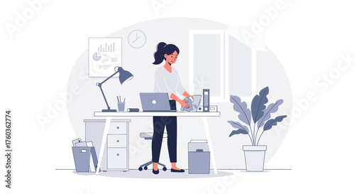 Young woman working at her desk in a modern office space with laptop and plant. Concept for workplace organization, remote work illustration and employee productivity.