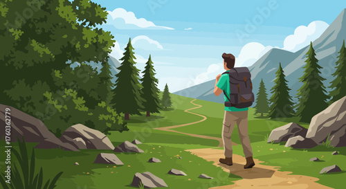 Backpacker man is hiking on trail towards the mountains with green landscape, trees and rocks, concept for adventure travel, ecotourism and outdoor recreation