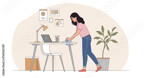 Illustration of a woman wiping desk in modern home office using cloth in her hand. Concept for cleaning service, household chores and maintaining a tidy workspace