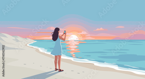 Woman taking a photo of the sunset on the beach with her smartphone during vacation time, concept for social media content, travel blog and summer holiday promotion