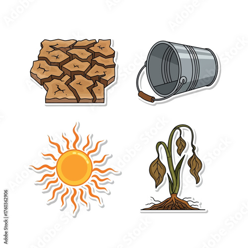 Illustration showing cracked earth, a bucket, a sun, and a wilted plant, representing drought and environmental issues.