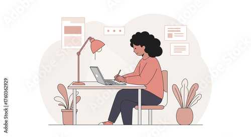Illustration of a woman working at her desk with a laptop and lamp in home office, concept for online education, freelance work and remote meeting.