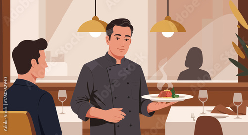 Chef serving gourmet dish in elegant restaurant setting with patrons and soft lighting, concept for dining experience, culinary arts presentation and hospitality industry marketing