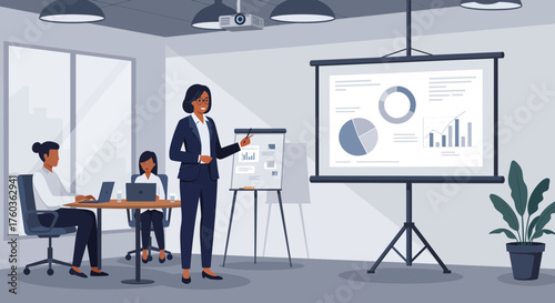 Businesswoman leading a presentation to colleagues in office, using whiteboard and projector with charts. Concept for corporate meeting, business strategy and staff training program