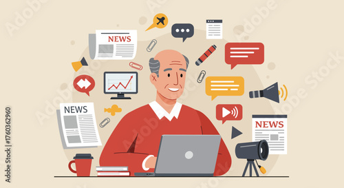 Illustration of a man working on a laptop surrounded by news and communication icons. Concept for digital marketing, social media management, and online communication