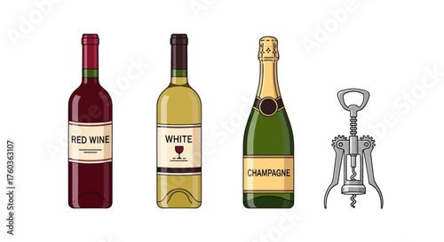 Assortment of Wine Bottles and Corkscrew.