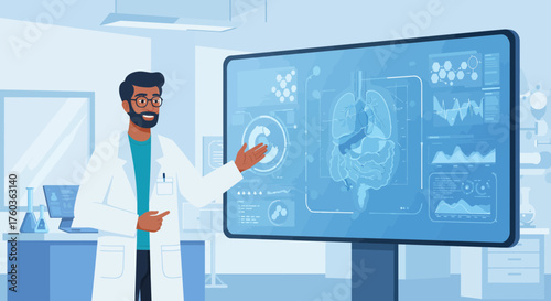 Illustration of a doctor presenting internal organ scans on a large screen in a modern lab setting. Concept for medical research display, anatomical education tool, and healthcare technology promotion