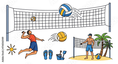 Beach Volleyball Game with Net Players and Ball in Motion.