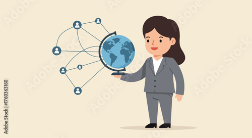 Businesswoman holding globe and social network, illustrating global connection, partnership and collaboration. Concept for international business, social media connections and worldwide network.