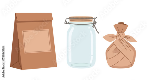Assortment of Eco-Friendly Packaging: Paper Bag Jar and Cloth Bag.